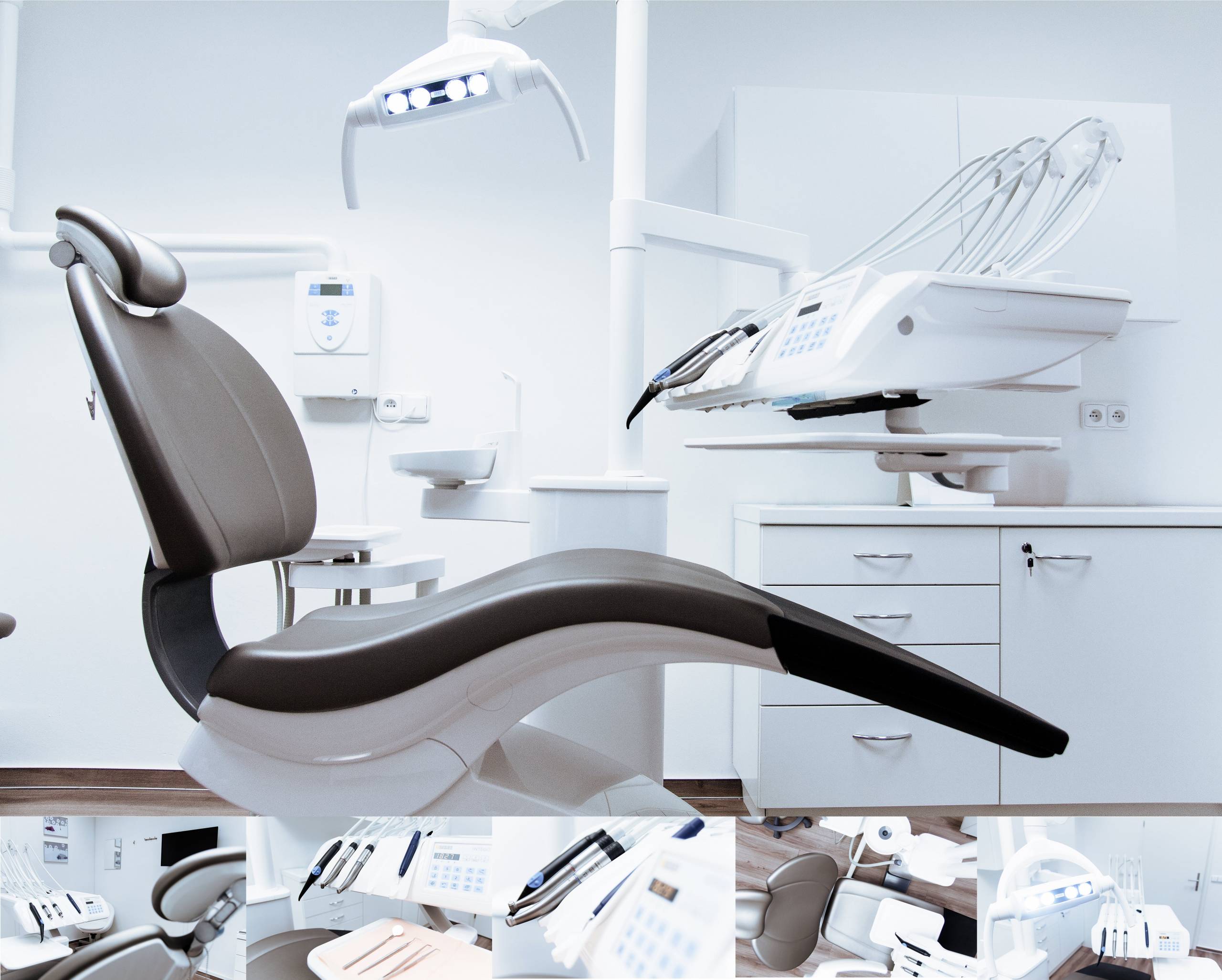 A collage of images showcasing a modern dental clinic room. The central image features a dental chair with an overhead lamp in a clean, white room with dental equipment on the side. The surrounding images provide close-up views of the dental instruments, sink, and other sterilized tools used for dental procedures, emphasizing the clinic's high standards of hygiene and organization.